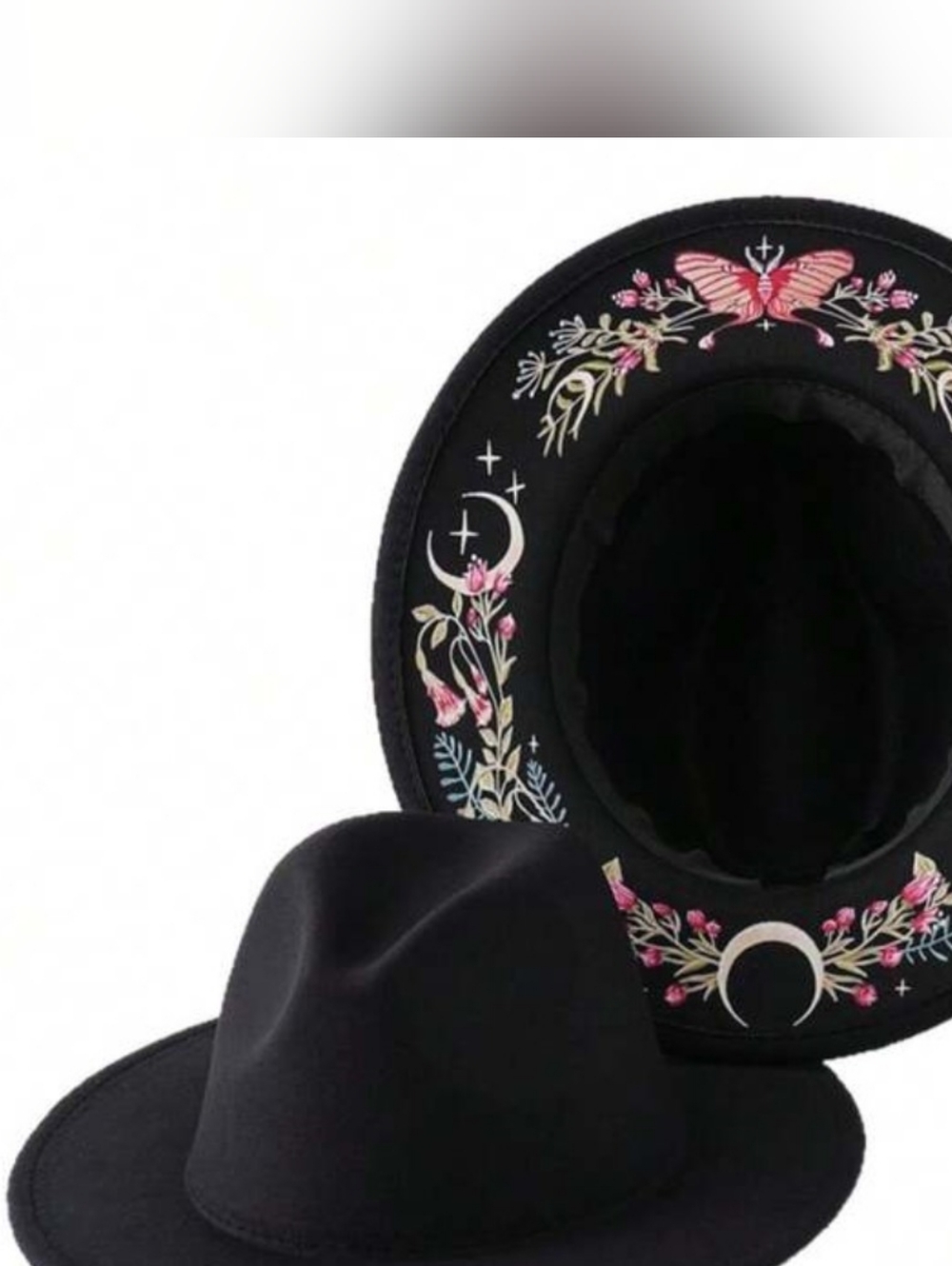 Witchy Black Wide-Brim Fedora with Pink Floral, Butterfly & Moon Embroidery